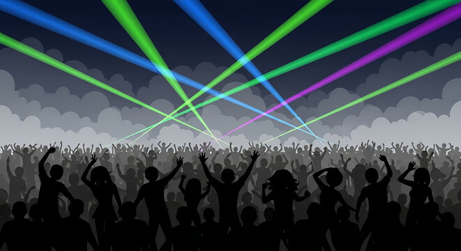 Pixel art crowd of people dancing at a music concert with bright laser lights