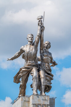 Moscow, Russia - July 30, 2023: Famous Soviet monument Worker and Kolkhoz Woman or Collective Farm Woman of sculptor Vera Mukhina in Moscow, Russia. Made of stainless steel in 1937