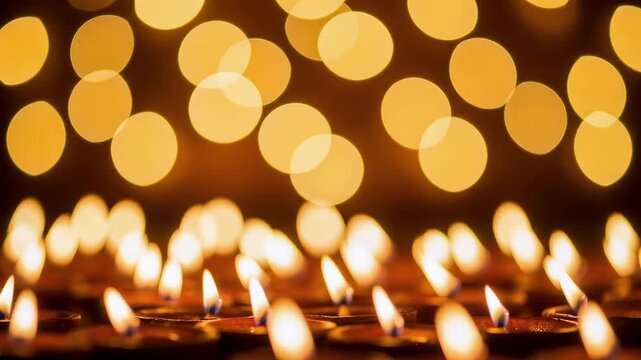 Burning clay oil lamps glowing in the dark. Rows of diyas illuminated for Dussehra festival celebration. Traditional Indian light decoration for prayer ritual.