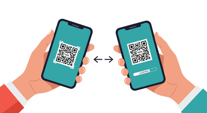 Secure mobile payment and data transfer concept features two hands holding smartphones and scanning QR codes to exchange info.