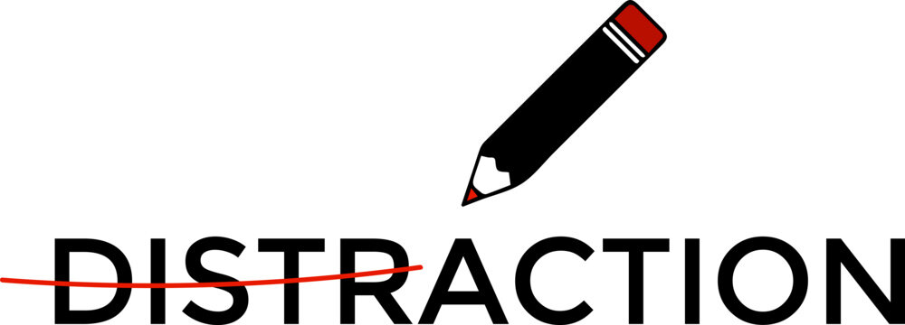 the word distraction is crossed out to become the word action with a pencil drawing on a white background. Quotes design with clean and modern typography. Perfect for motivational messages, inspiratio