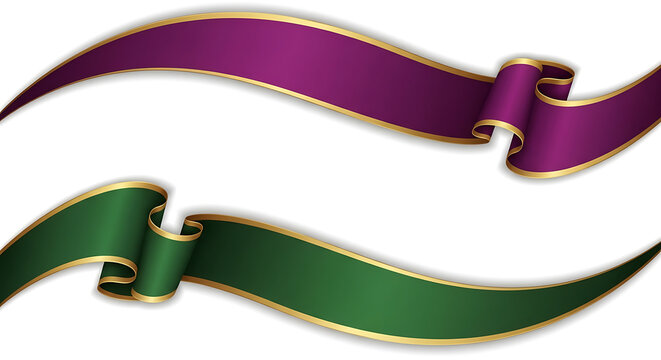 Two elegant purple and green silk ribbons with gold edges for design decoration