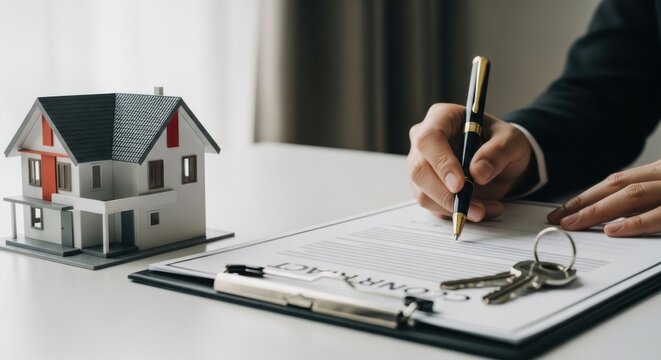 Real estate contract signing with house model and keys, businessman hand signing mortgage agreement, property investment and home ownership concept