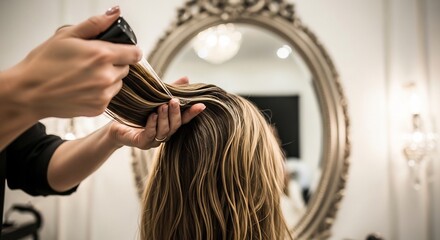 Fototapeta premium Hairdresser applying hairspray to clients blonde hair in salon.
