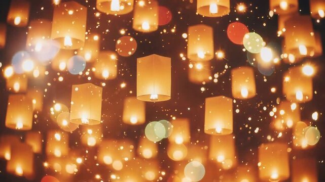 Sky lanterns floating in dark night sky during celebration. Traditional paper glowing lamps rising upward in celebration of religious festival or Dussehra event.
