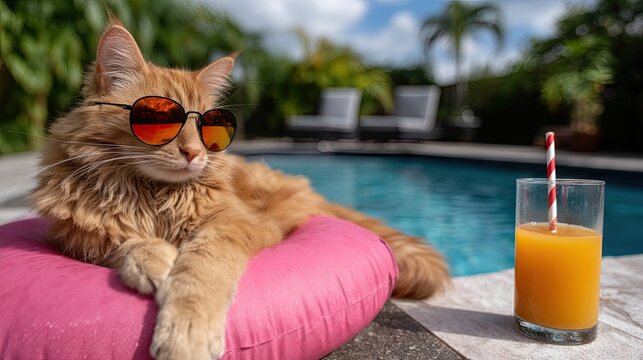 Orange tabby cat relaxes on pink donut float with drink by a clear pool surrounded by green trees and lounge chairs under sunny sky