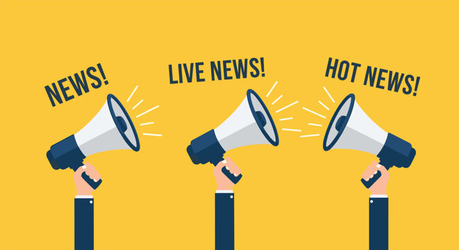 News and announcement concept featuring three hands holding megaphones shouting news, live news, and hot news messages.