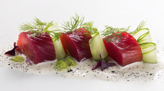 beet-cured salmon with dill emulsion on a plate