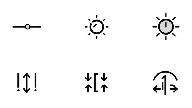 UI Design Elements: Minimalist icons depicting UI design elements for brightness adjustment, contrast, and various control settings, perfect for web and app design. 