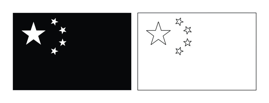 Chinese flag vector icons, black and white national flag of China, minimalist silhouette and outline star symbols, 2 graphic elements for design