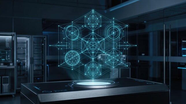 Futuristic Holographic Display of Complex Geometric Structure in Dark High Tech Laboratory.