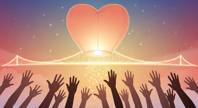People reaching for a glowing heart lantern floating above a city bridge at night