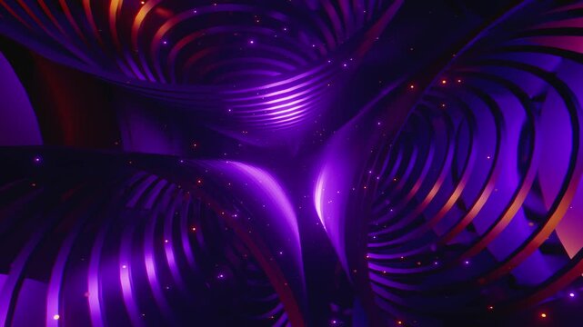 A high-energy seamless VJ loop featuring rotating metallic curved structures with glowing golden edges and floating particles in a dark futuristic space