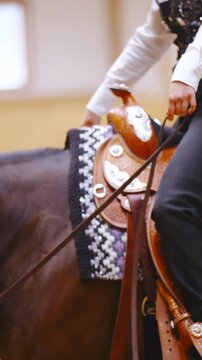 Female person gently riding horse slow motion close up on reins