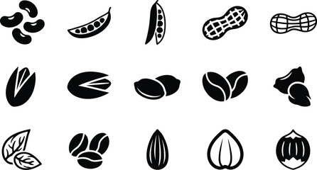 Fototapeta premium Set of diverse food icons including beans, peas, peanuts, coffee, almonds, pistachios, and hazelnuts