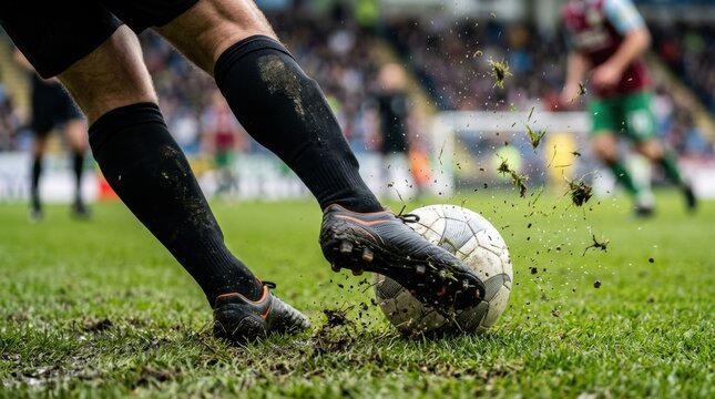 Soccer player's feet kicking a dirty football during a game with team sport
