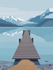 Fototapeta premium Serene Mountain Lake with Wooden Pier and Snowy Peaks