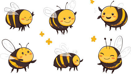 Fototapeta premium Vector set of a funny cartoon insect collection featuring a cute bee, ladybug, and butterfly with comic animal art illustration design