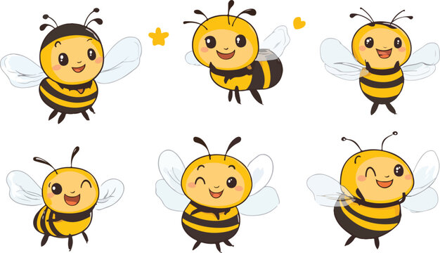 A collection of funny cartoon bee characters and cute animal vector icons featuring a set of comic bird, owl, and cat illustrations with a smile for a fun baby art design