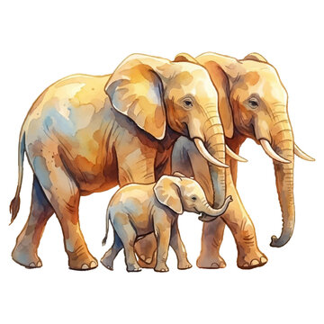 Emotional Elephant Family in Watercolor Splash with Warm Light and Soft Depth of Field