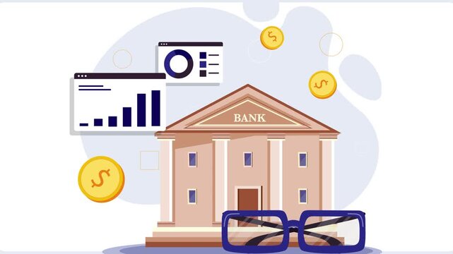 A pair of glasses sits in front of a bank building with coins and financial charts floating above it.