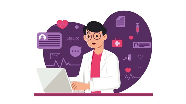 A doctor works on a laptop with medical icons around him.