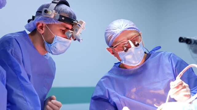 Chief surgeon leaned to the side performing operation. Modern neurosurgery in progress.