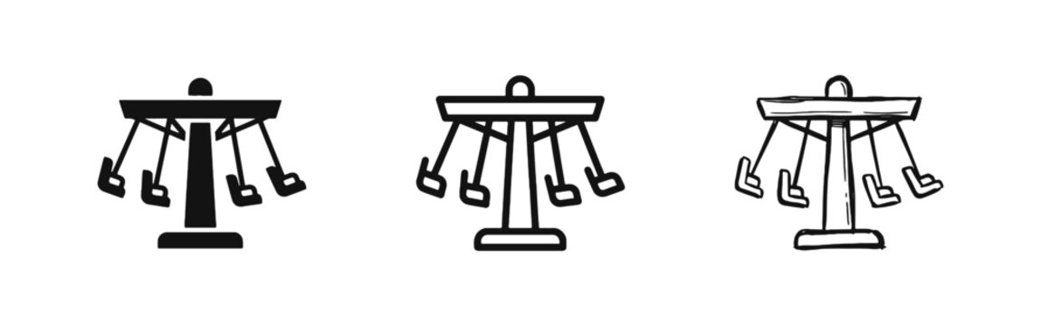 Amusement park swing ride icon set, carousel fairground symbol, theme park entertainment vector