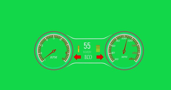 Digital car dashboard with navigation speedometer battery indicator animation. Electric car speedometer reaching speed extremely fast driving on a transparent background