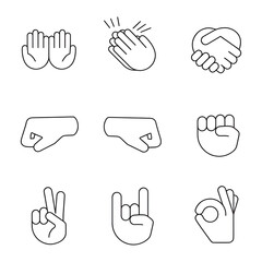 Fototapeta premium Hand gesture emojis linear icons set. Thin line contour symbols. Begging, applause, handshake, left and right fists, peace, rock, OK gesturing. Isolated vector outline illustrations. Editable stroke