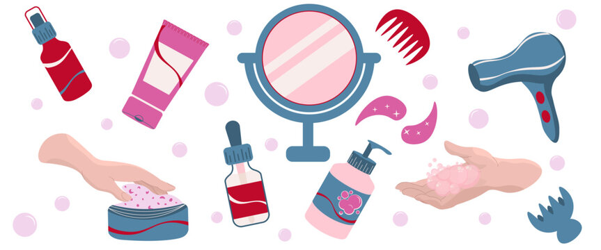 Comprehensive beauty clipart set of hair and skincare accessories including a hair dryer, mirror, cream tubes, and serums, ideal for salon branding, self-care blogs, and wellness graphics.