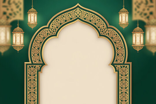 Islamic background with golden archway, elegant green mosque interior frame, traditional hanging lanterns for Eid Mubarak greeting cards