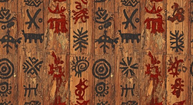 Ancient tribal symbols carved and painted on weathered wooden planks.