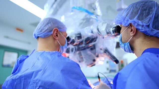 Rear view of the male doctors in blue caps and robes. Neurosurgeons look at microscope performing operation.