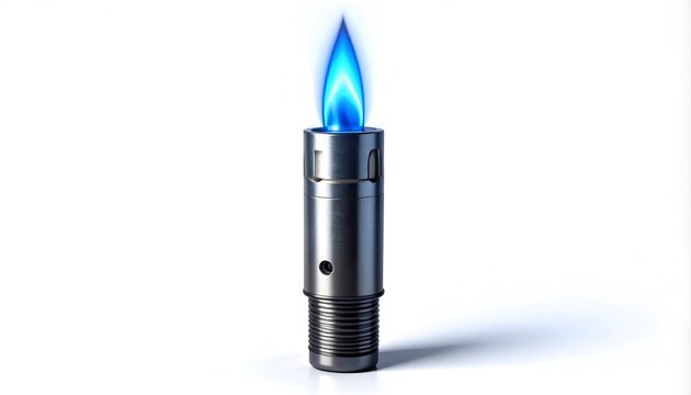 Sleek Metal Gas Lighter with Blue Flame on White Background.