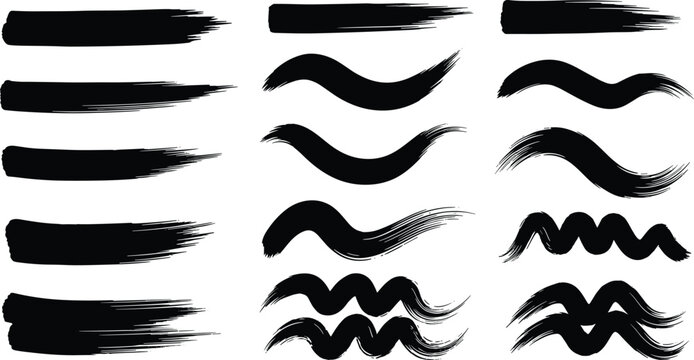 Brush stroke collection, artistic textures, abstract paint marks, ink strokes, calligraphy elements, grunge design, creative art, decorative lines, flat vector illustration