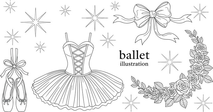 Ballet illustration, tutu dress, pointe shoes, decorative bow, roses floral border, sparkles, elegant dance art, performance theme, flat vector illustration