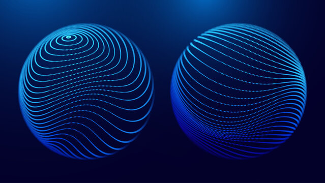 Blue Tech Lines Energy Orb. 3D Sphere Science Globe With Abstract Glowing Lines Representing Microbiology, Cell Research, or Nanotechnology On Dark Blue Background. Vector Illustration.