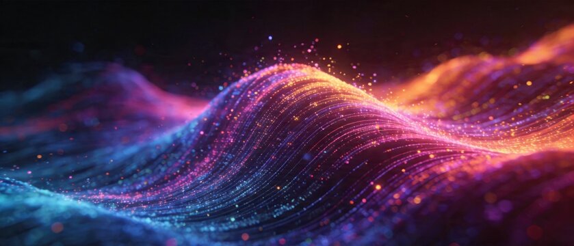 Abstract colorful data wave with flowing light particles and dynamic digital motion background, idea for big data visualization, AI analytics, futuristic technology concept