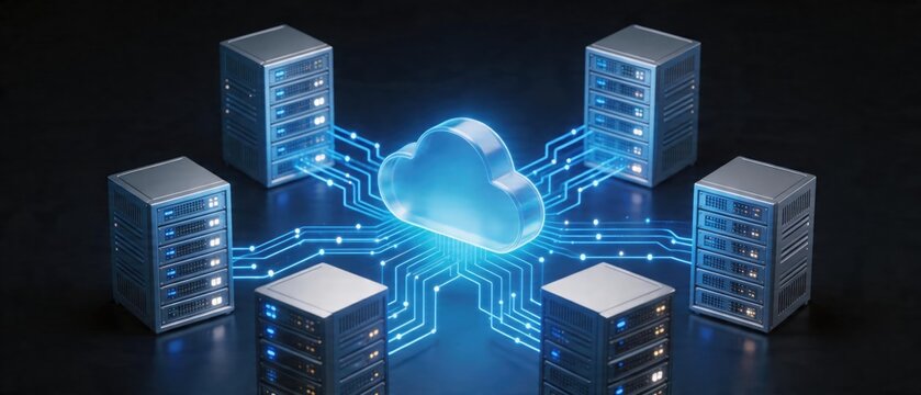 Futuristic cloud computing network with connected server nodes and digital data flow architecture, idea for cloud storage, distributed system, enterprise IT infrastructure concept