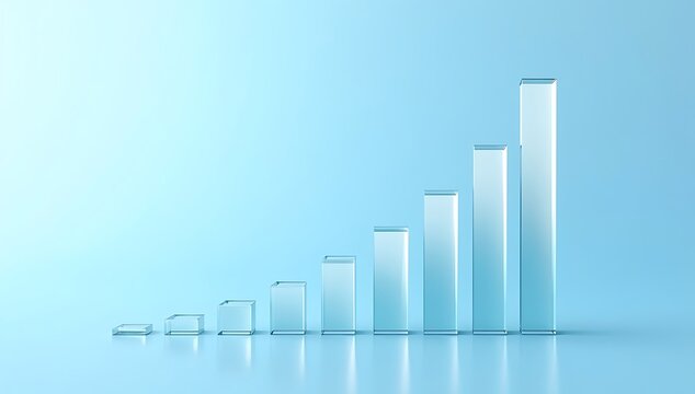 A minimalist depiction of increasing data with translucent rectangular bars on a light blue background