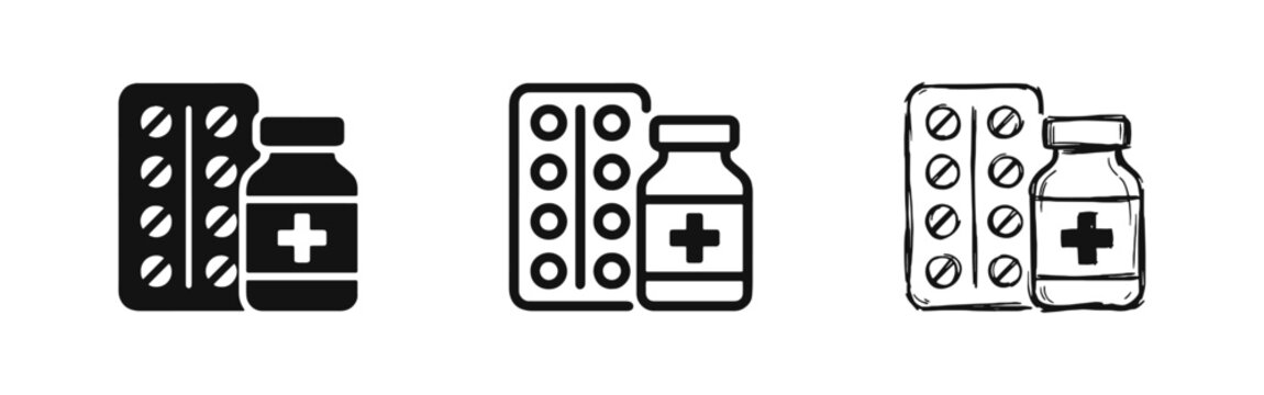 Medicine icon set featuring pills blister pack and medicine bottle in glyph, outline and sketch styles.
