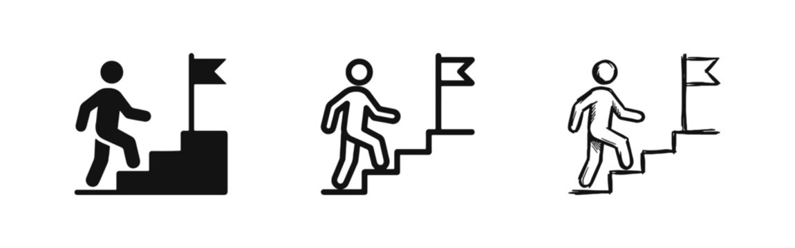 Achievement icon set showing person climbing stairs to a flag in glyph, outline and sketch styles.