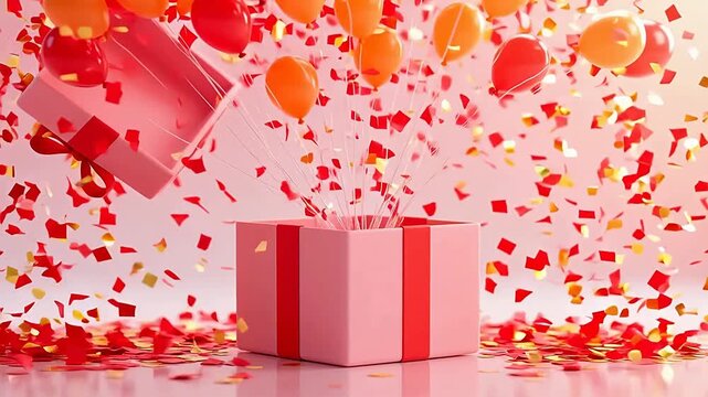 Red gift box with orange balloons and gold confetti
