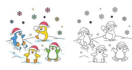 Obraz premium Cute Christmas Penguins Playing in Snow Sledding and Making Snow Angels Coloring Page and Colored Illustration Vector Set for Kids Winter Holiday Activity and Education