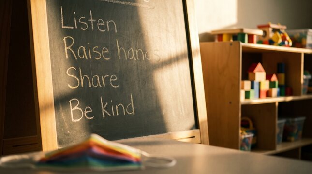 Kindergarten classroom chalkboard displaying daily schedule, weather chart, and classroom rules with colorful drawings, educational content, and creative decorations visible on wall