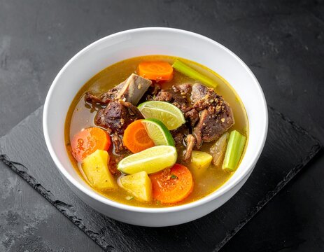 ndonesian Oxtail Soup Sop Buntut with Vegetables and Clear Broth in White Bowl
