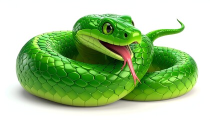 Fototapeta premium Vibrant Green Snake with Tongue Out on White Background.