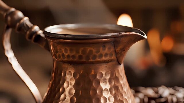 Closeup of steaming Turkish coffee in a traditional copper cezve with coffee beans.