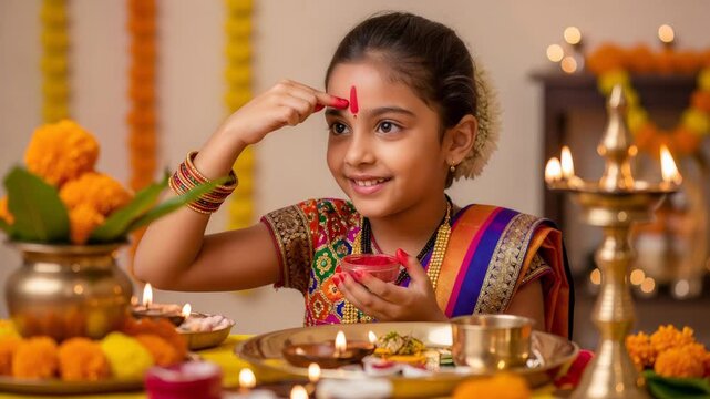 Indian girl applies tilak on forehead for Dussehra festival. Happy child celebrating traditional event with oil lamp and marigold flower background decoration.